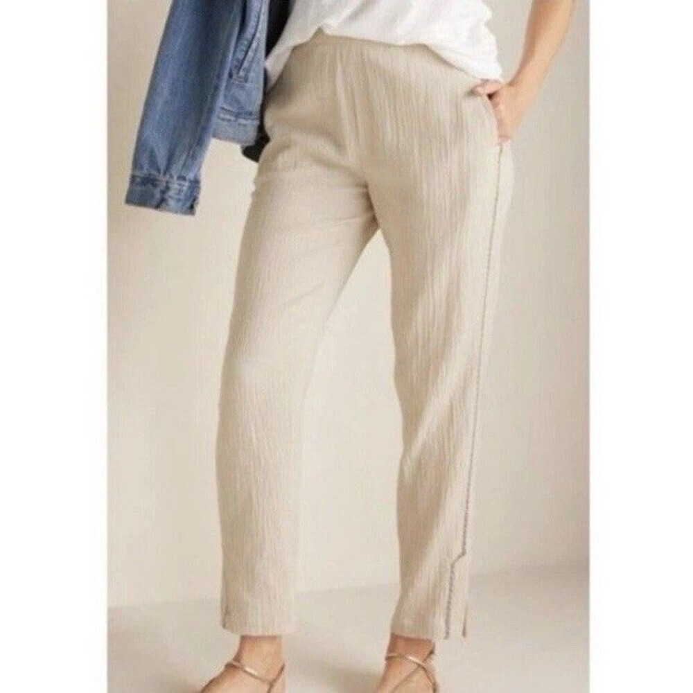 Soft Surroundings Pants Womens Small Beige Pull On Embroidered Gauze Beach Boho
